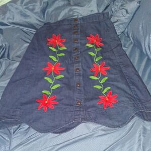 Vintage Floral Embroidered Denim Skirt